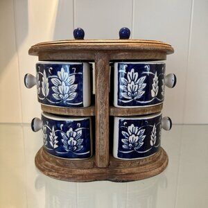 Apothecary Chest Latch Drawers Blue White Ceramic HEAVY Wood Bohemian Boho Decor